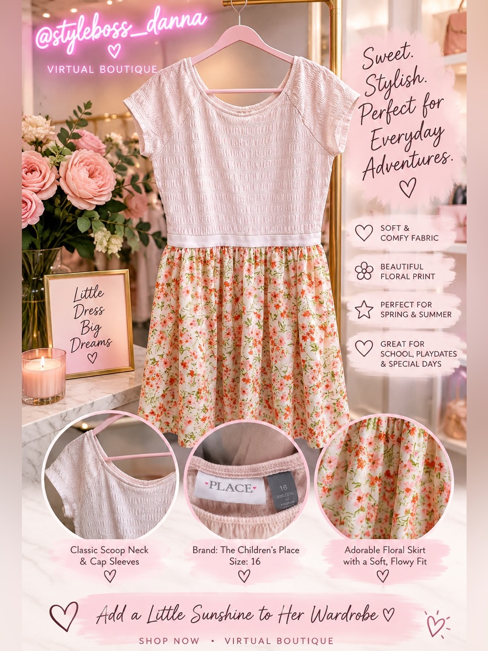 Place Pink Knit-Bodice Floral Skirt Girls' Dress